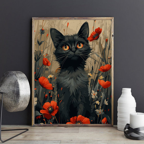 Pisică printre maci (Cat among poppies) - Pictură pe numere - Pictorul Fericit